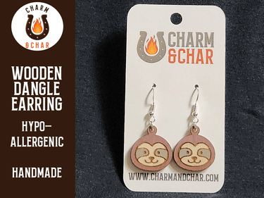 Sloth Face Wood Dangle Earrings - Animal Fashion Earring - Dangle Earring - Charm and Char